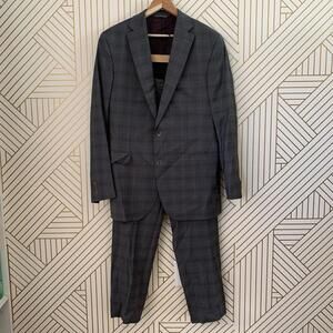 Jack Victor Napoli plaid window pane 100% Wool Suit Jacket Size 42 L pants 36 L